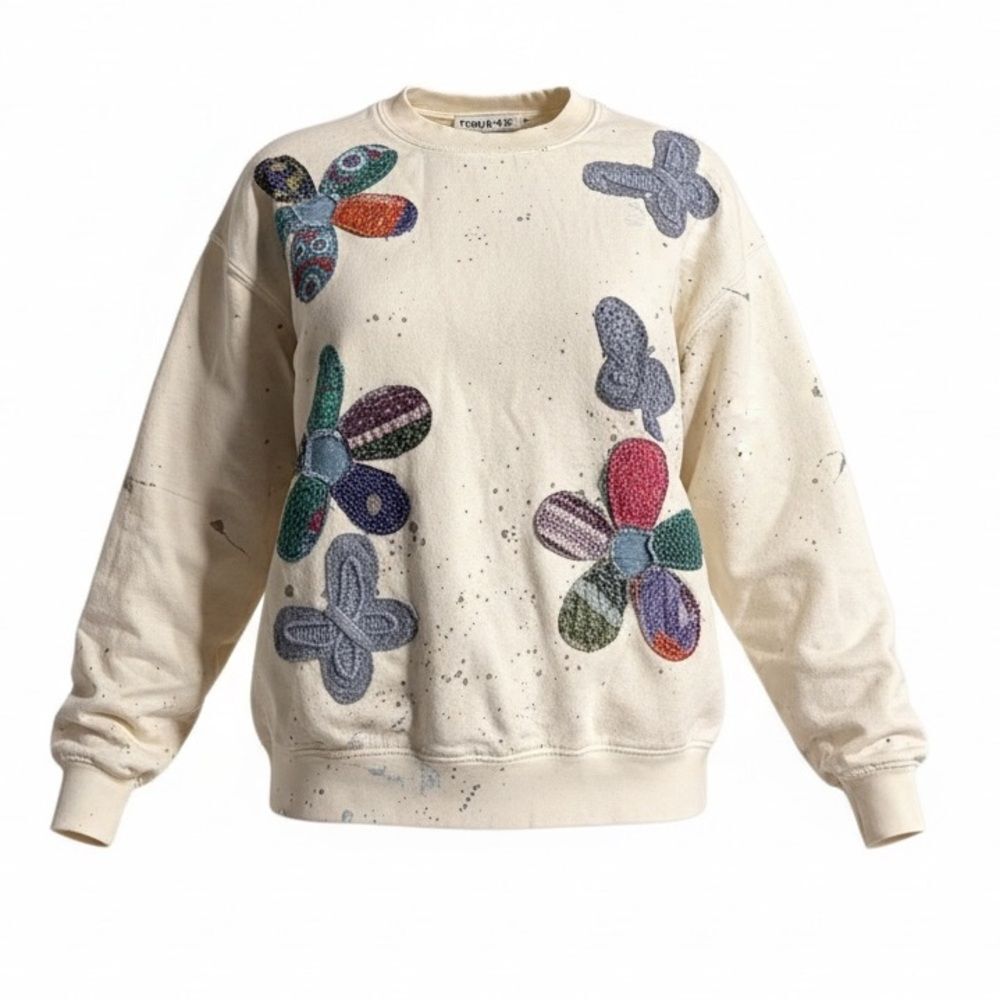 NWOT Tricia Fix Exclusive Denim & Kantha Patchwork Crewneck Sweatshirt in Ivory
